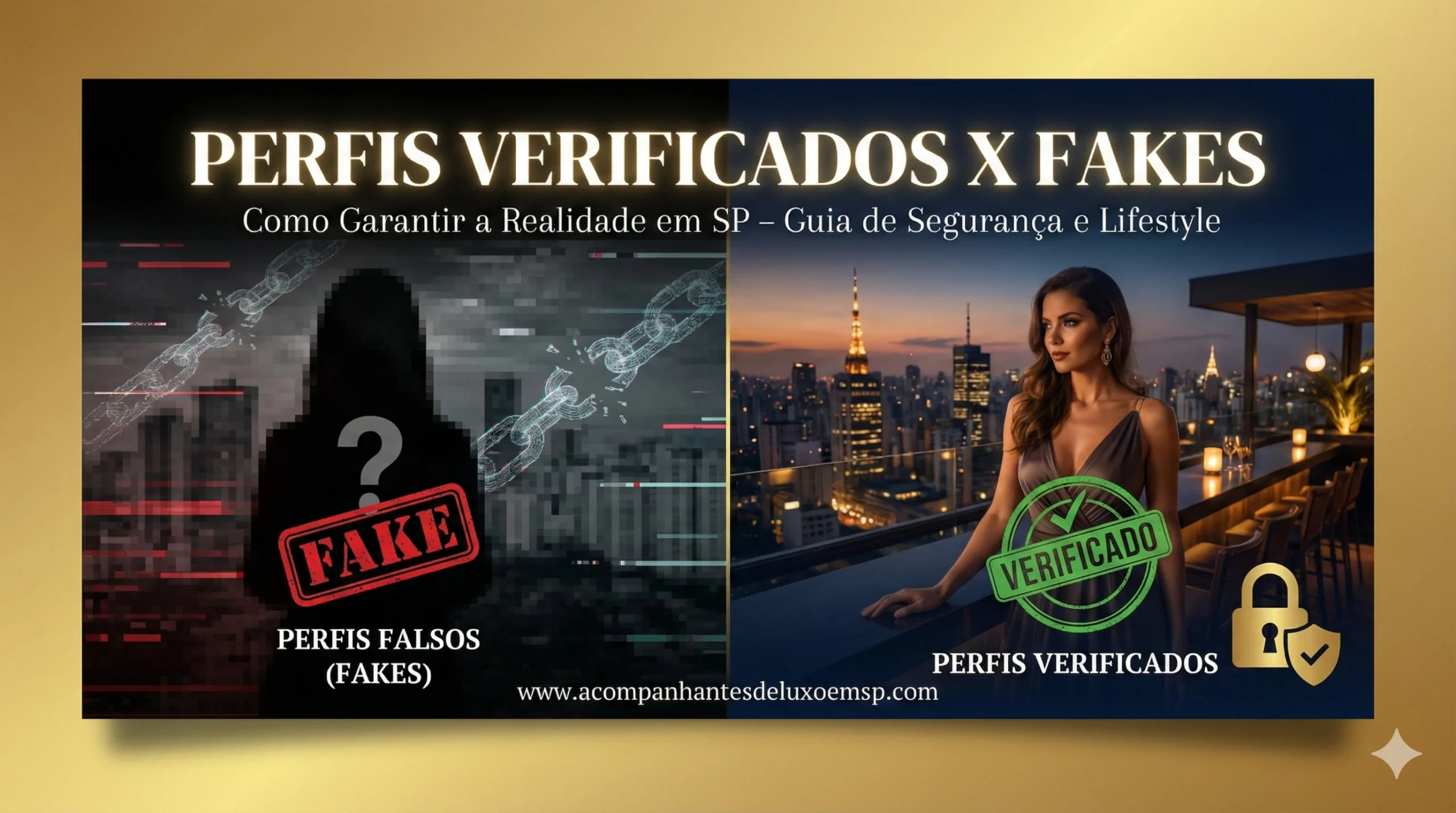 Ilustração comparativa entre um perfil fake com risco de golpe e uma acompanhante de luxo verificada com selo de segurança em São Paulo.